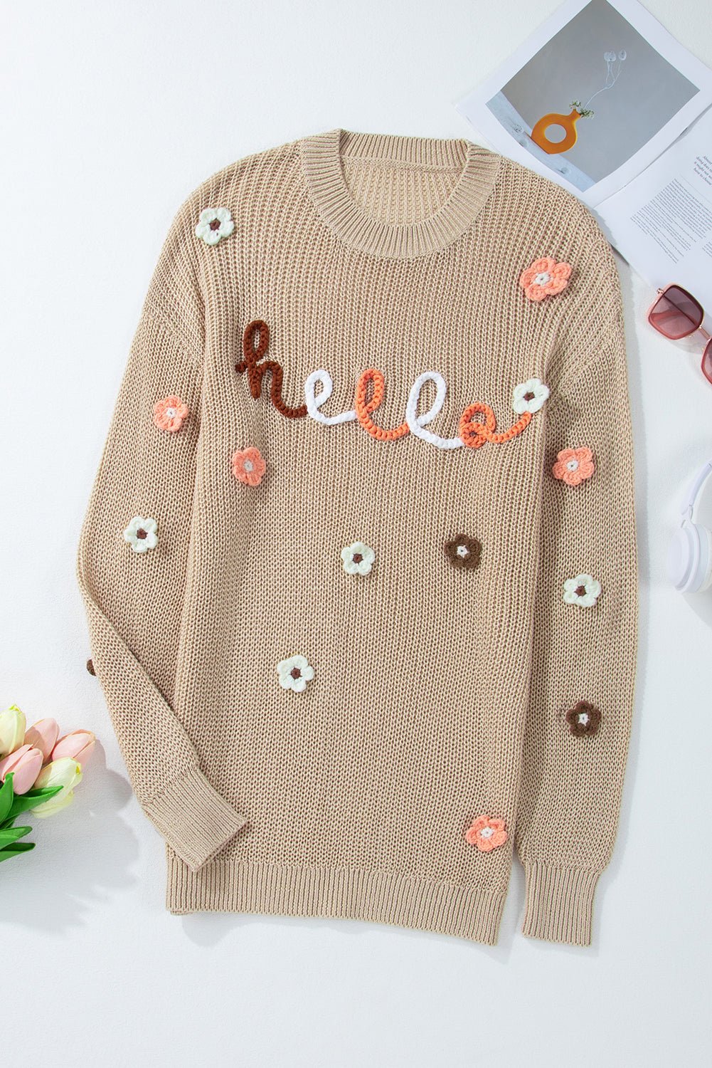 Parchment Hello Floral Embroidered Knit Loose Sweater - MAD RUFFI