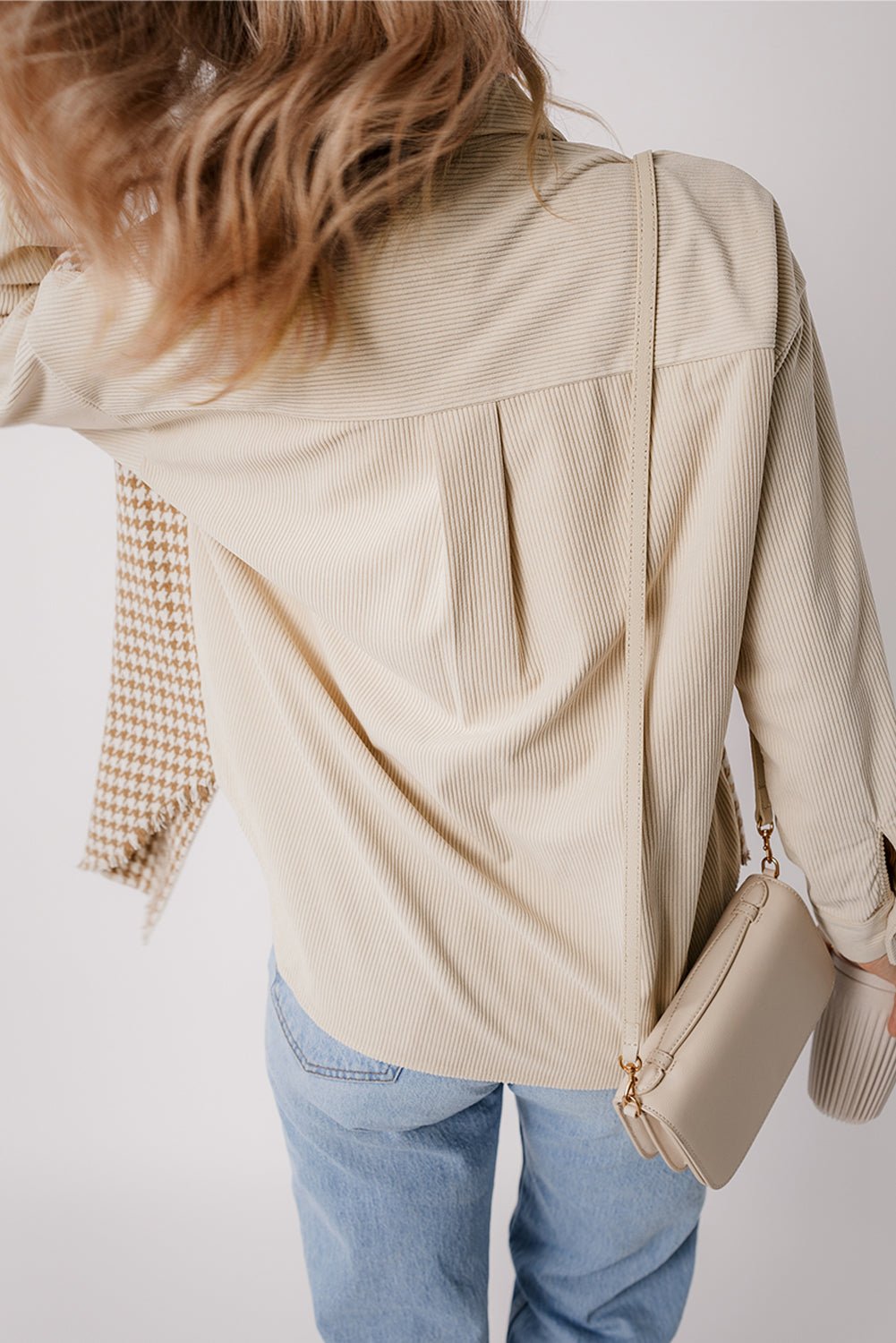 Parchment Houndstooth Corduroy Patchwork Flap Pocket Shacket - MAD RUFFI