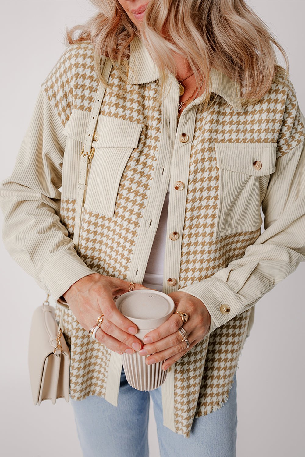 Parchment Houndstooth Corduroy Patchwork Flap Pocket Shacket - MAD RUFFI