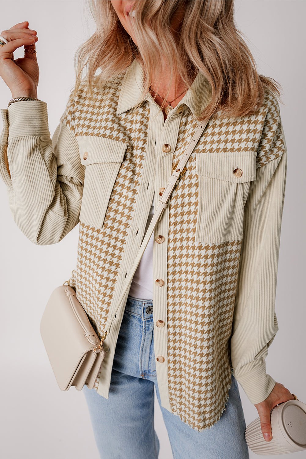 Parchment Houndstooth Corduroy Patchwork Flap Pocket Shacket - MAD RUFFI