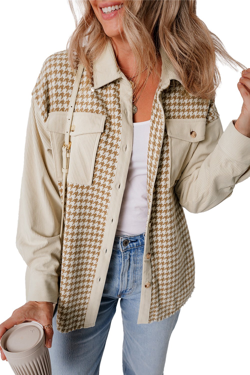 Parchment Houndstooth Corduroy Patchwork Flap Pocket Shacket - MAD RUFFI
