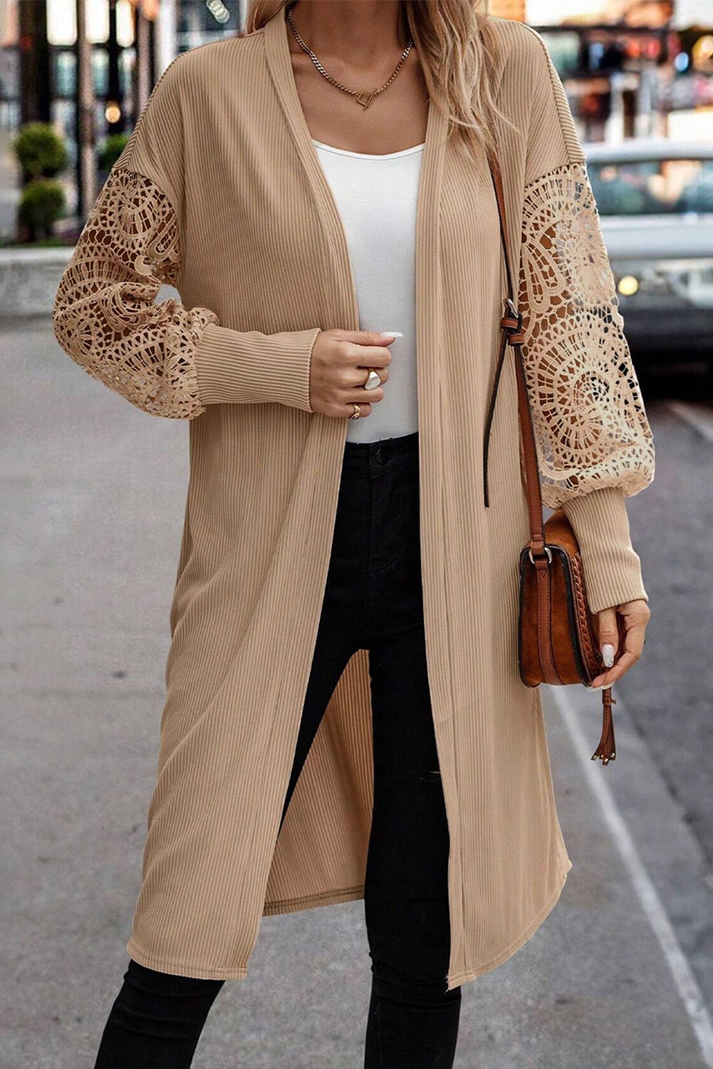 Parchment Lace Patchwork Ribbed Knit Open Front Duster Cardigan - MAD RUFFI