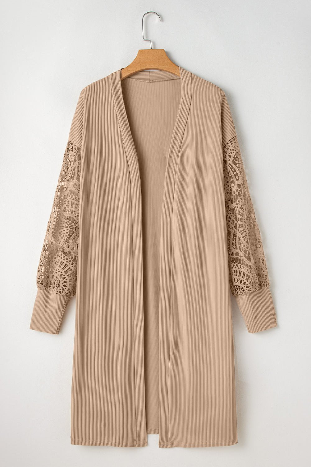 Parchment Lace Patchwork Ribbed Knit Open Front Duster Cardigan - MAD RUFFI