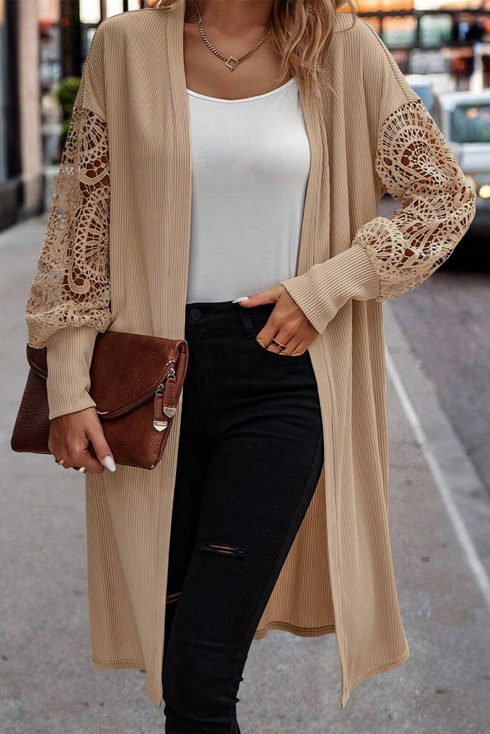 Parchment Lace Patchwork Ribbed Knit Open Front Duster Cardigan - MAD RUFFI