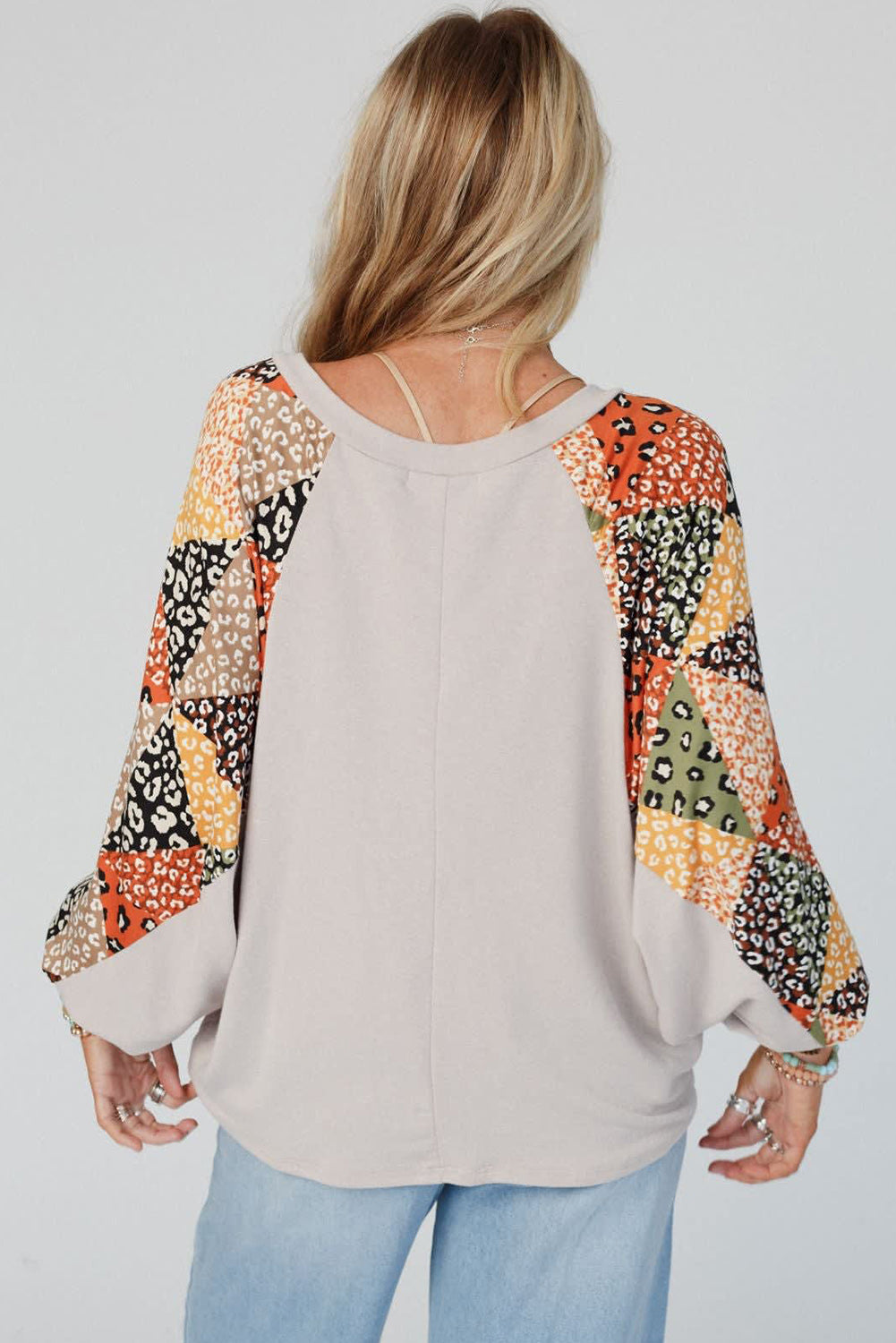 Parchment Leopard Patchwork Lantern Sleeve V Neck Loose Top - MAD RUFFI