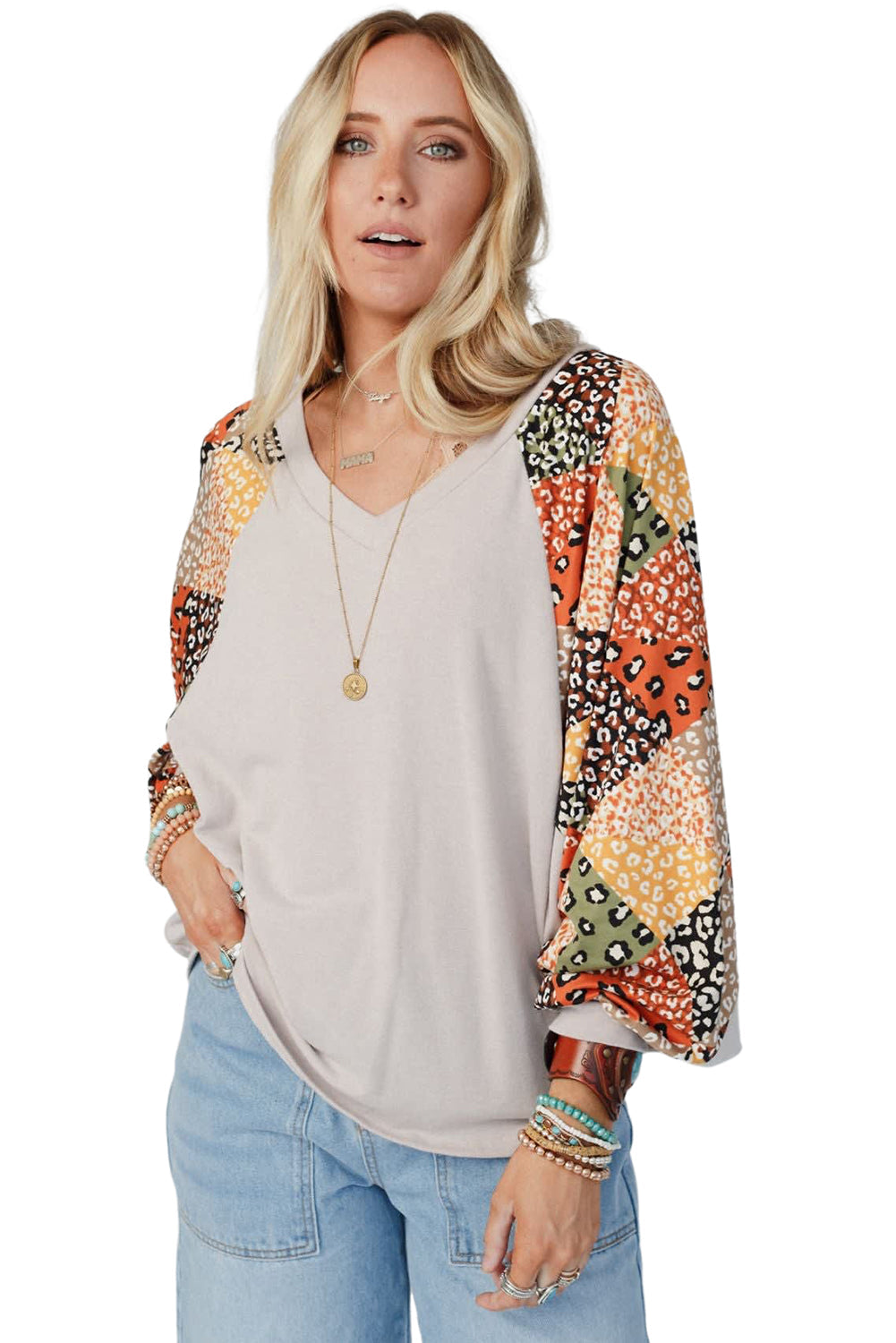 Parchment Leopard Patchwork Lantern Sleeve V Neck Loose Top - MAD RUFFI