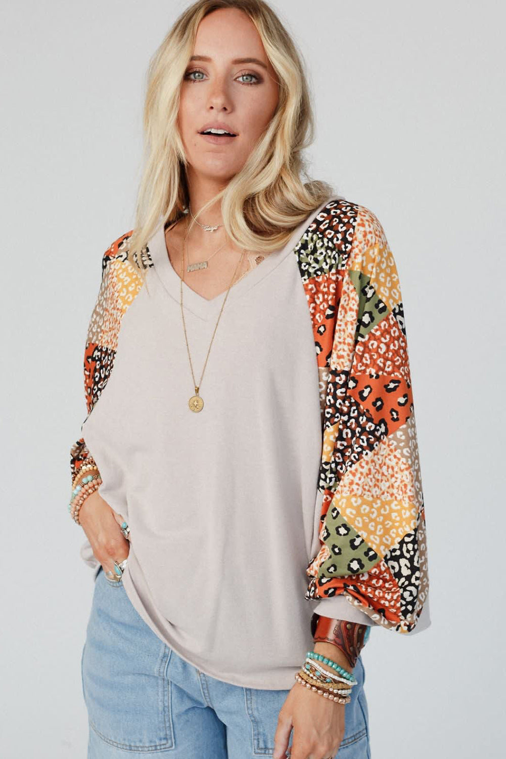 Parchment Leopard Patchwork Lantern Sleeve V Neck Loose Top - MAD RUFFI