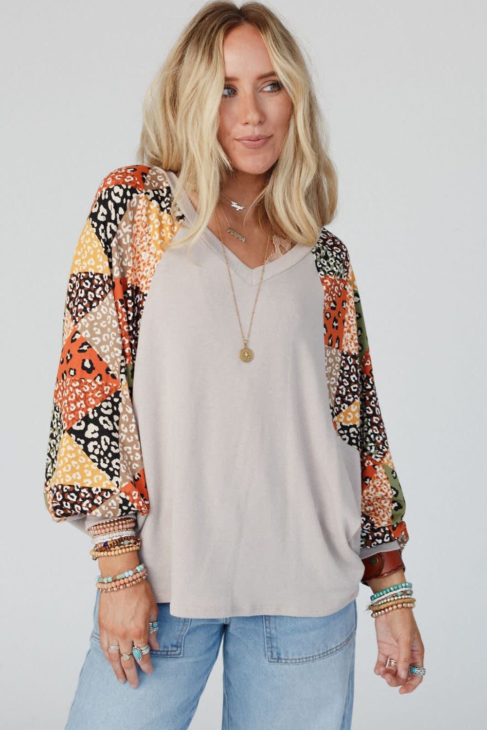 Parchment Leopard Patchwork Lantern Sleeve V Neck Loose Top - MAD RUFFI