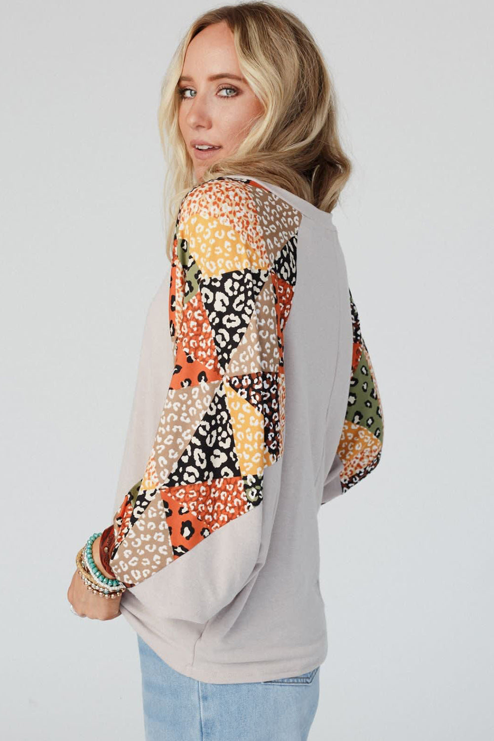 Parchment Leopard Patchwork Lantern Sleeve V Neck Loose Top - MAD RUFFI