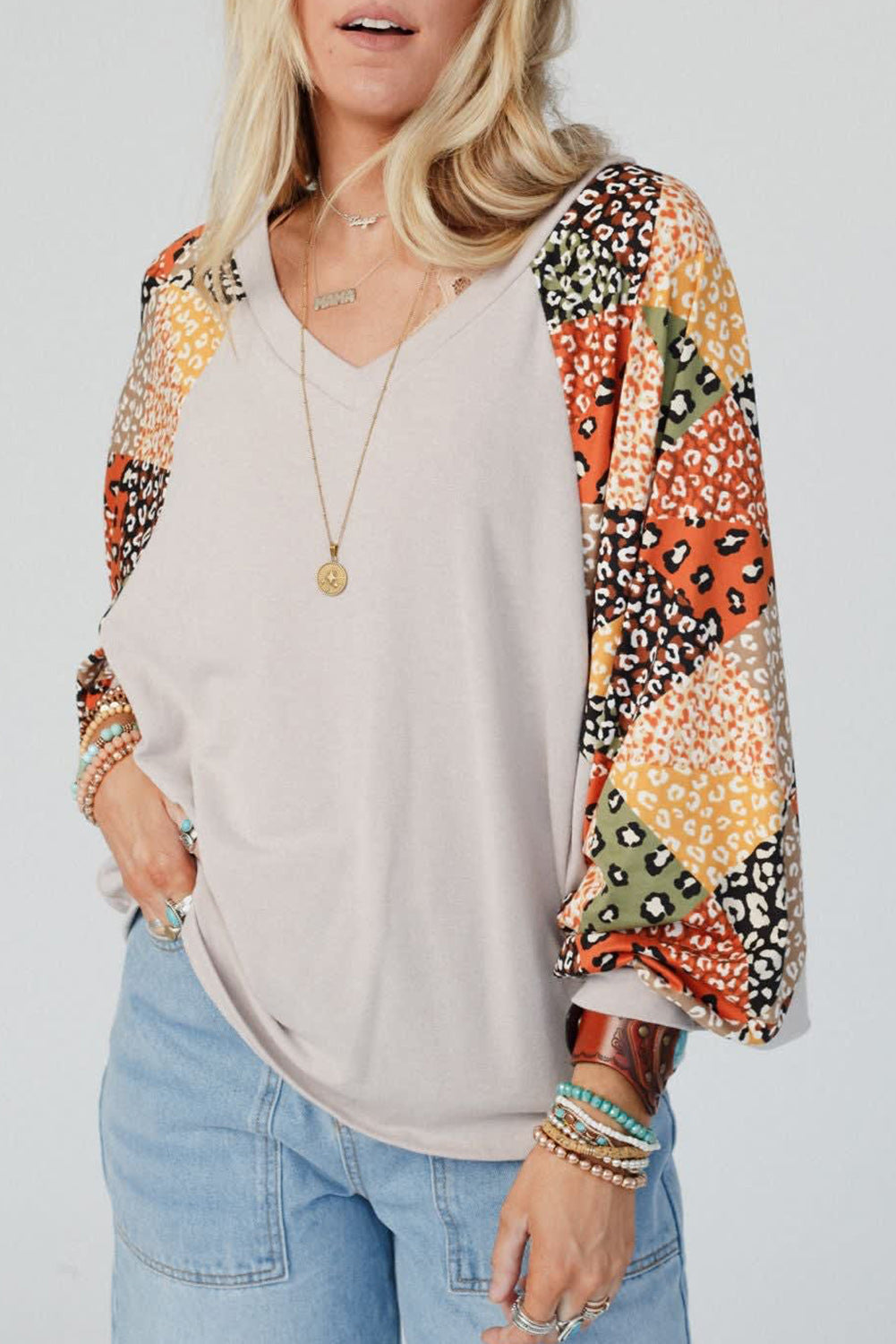 Parchment Leopard Patchwork Lantern Sleeve V Neck Loose Top - MAD RUFFI