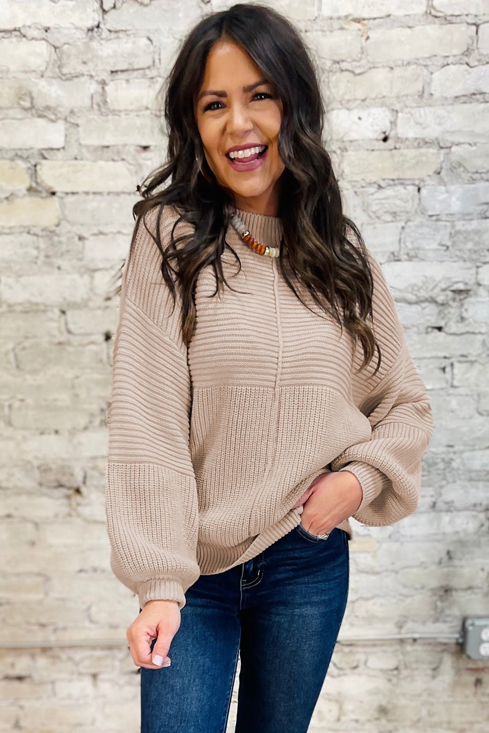 Parchment Mixed Texture Patchwork Knitted Lantern Sleeve Sweater - MAD RUFFI