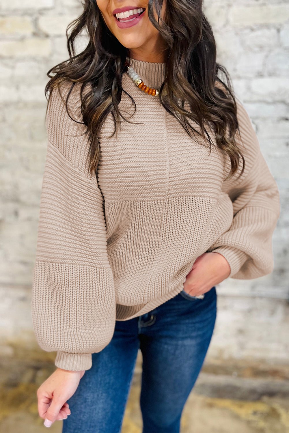 Parchment Mixed Texture Patchwork Knitted Lantern Sleeve Sweater - MAD RUFFI