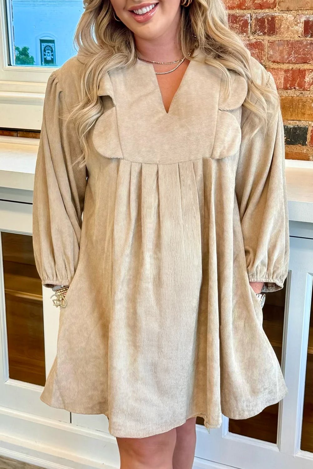 Parchment Notched Neck Scallop Detail Plus Size Mini Dress - MAD RUFFI