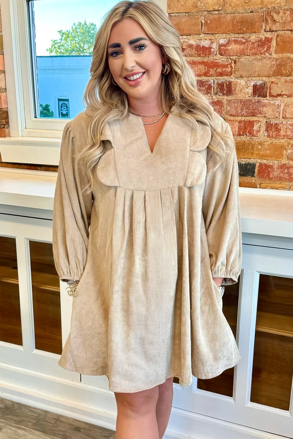 Parchment Notched Neck Scallop Detail Plus Size Mini Dress - MAD RUFFI