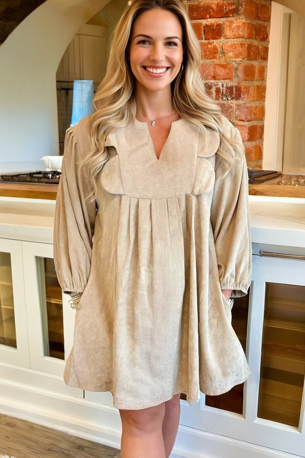 Parchment Notched Neck Scallop Detail Plus Size Mini Dress - MAD RUFFI