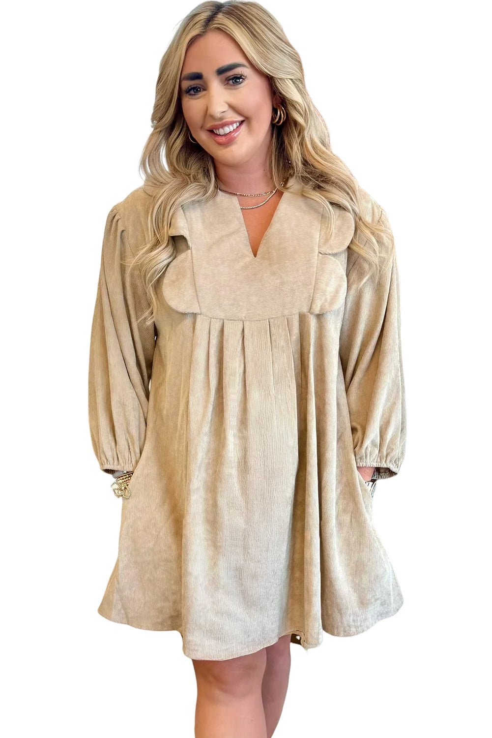 Parchment Notched Neck Scallop Detail Plus Size Mini Dress - MAD RUFFI