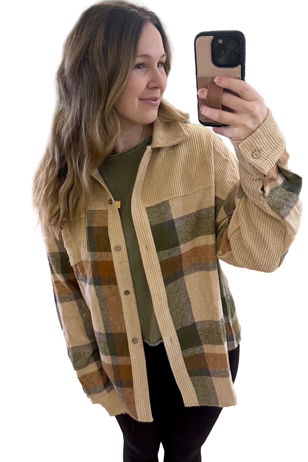 Parchment Plaid Patchwork Long Sleeve Shacket - MAD RUFFI
