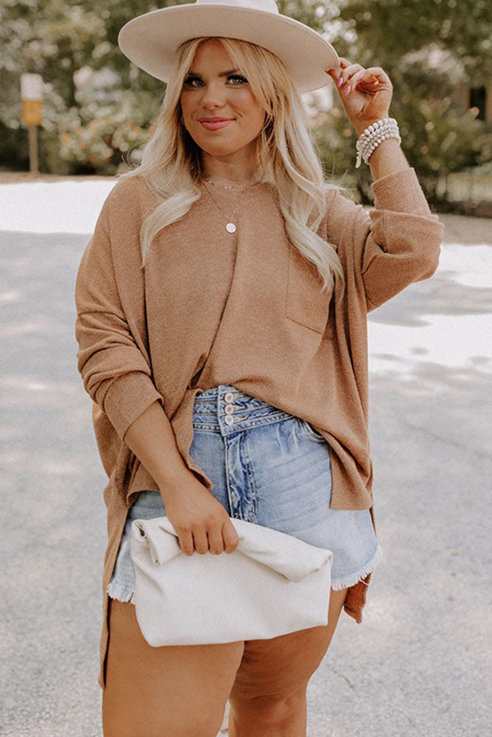 Parchment Plus Size Drop Shoulder Knit Tunic Top - MAD RUFFI