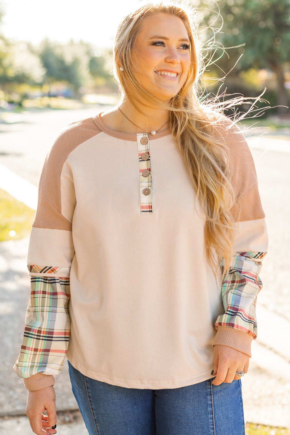 Parchment Plus Size Plaid Waffle Patchwork Henley Top - MAD RUFFI