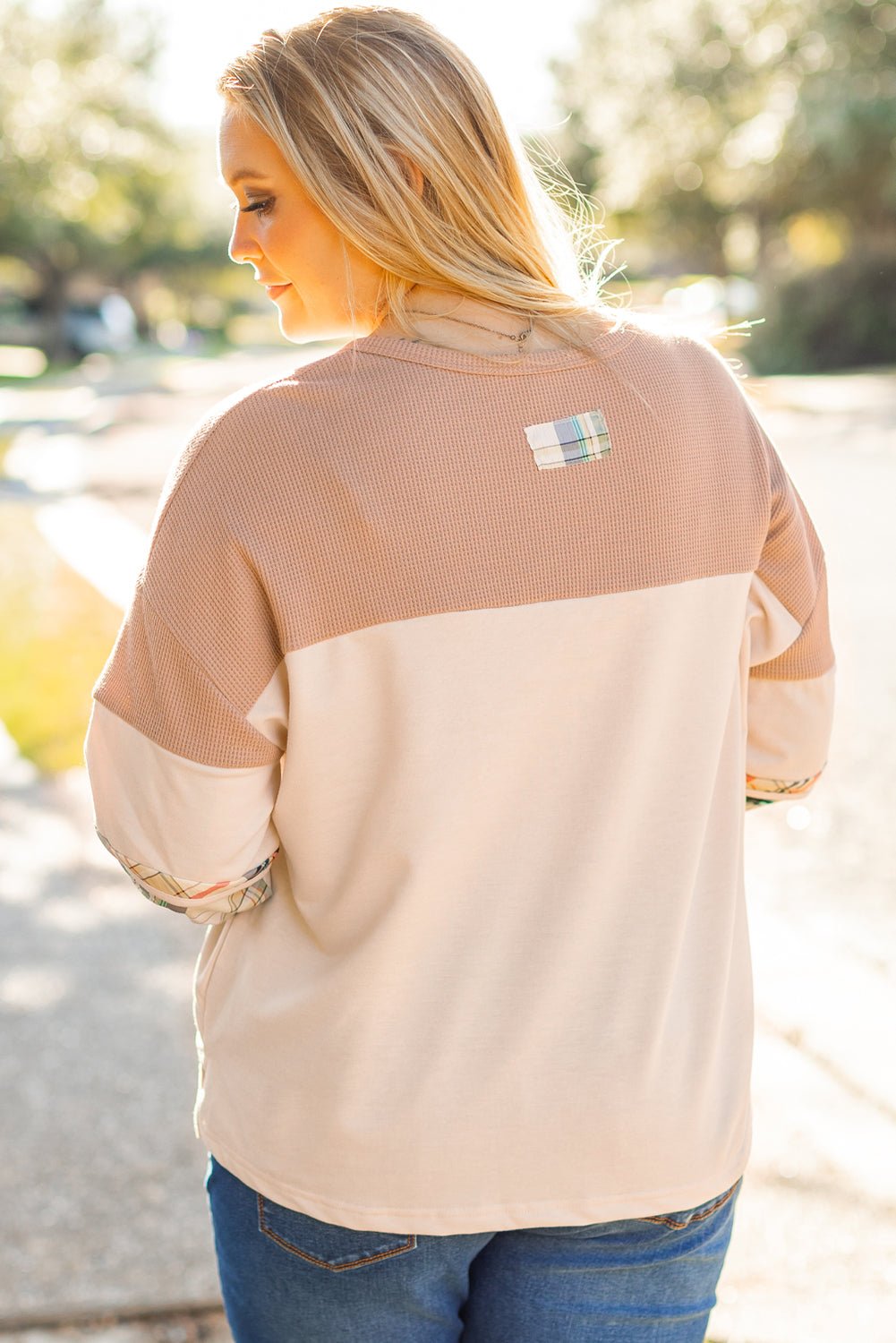 Parchment Plus Size Plaid Waffle Patchwork Henley Top - MAD RUFFI