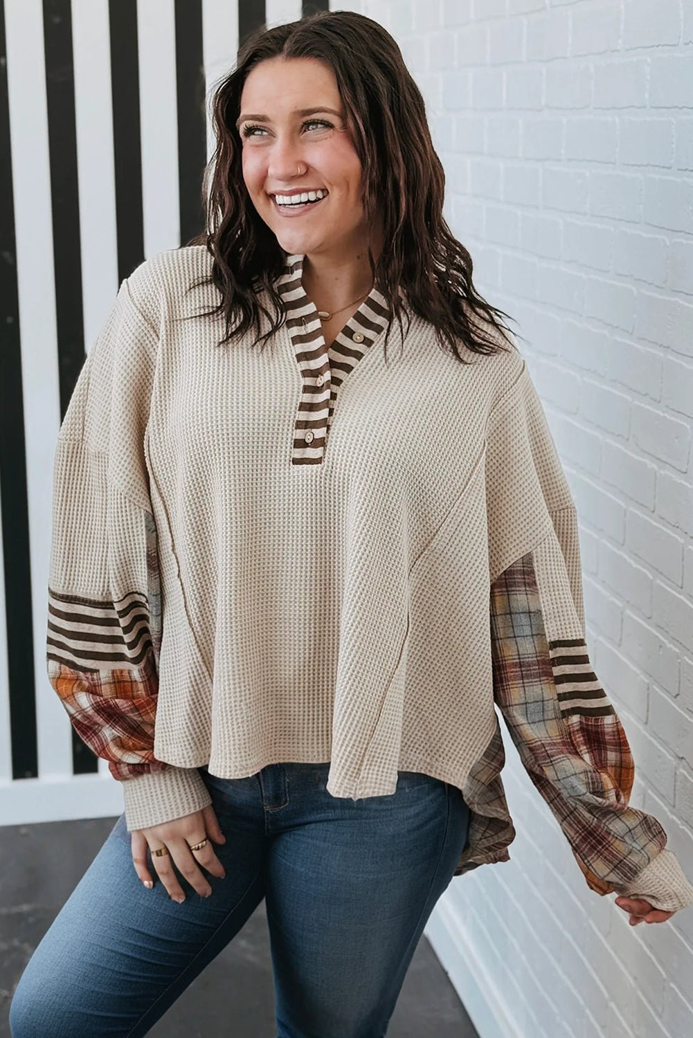 Parchment Plus Size Waffle Striped Plaid Patchwork Henley Pullover - MAD RUFFI