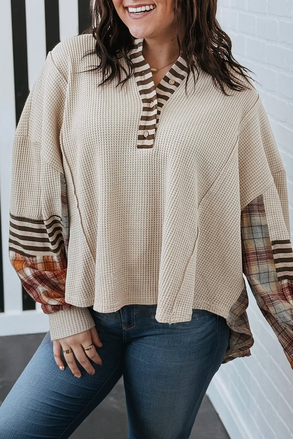 Parchment Plus Size Waffle Striped Plaid Patchwork Henley Pullover - MAD RUFFI