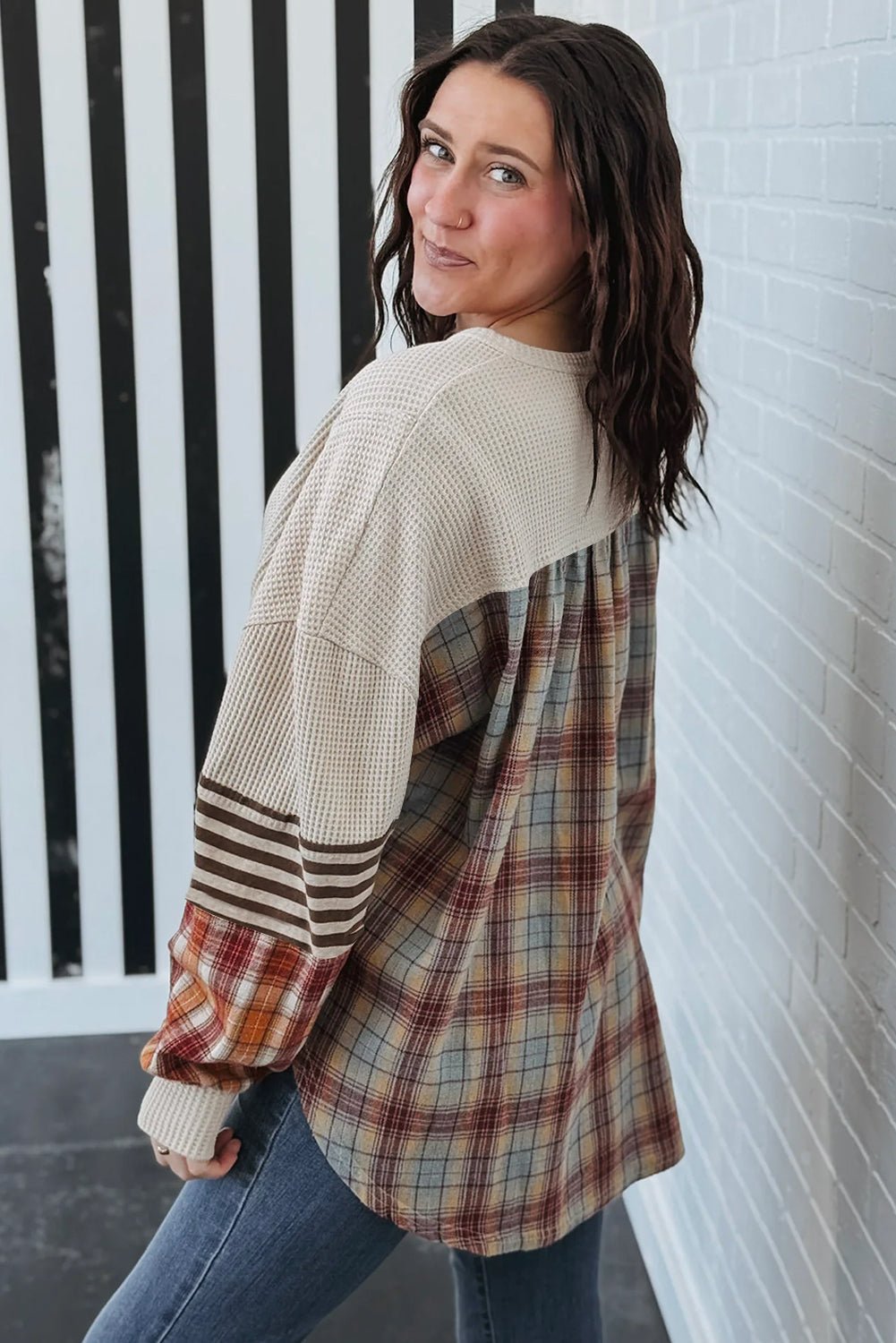 Parchment Plus Size Waffle Striped Plaid Patchwork Henley Pullover - MAD RUFFI