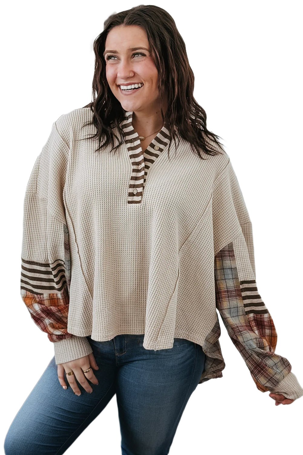 Parchment Plus Size Waffle Striped Plaid Patchwork Henley Pullover - MAD RUFFI