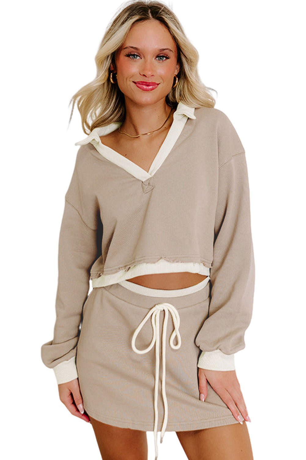 Parchment Raw Edge Detail Patchwork Cropped Pullover Drawstring Skirt Set - MAD RUFFI