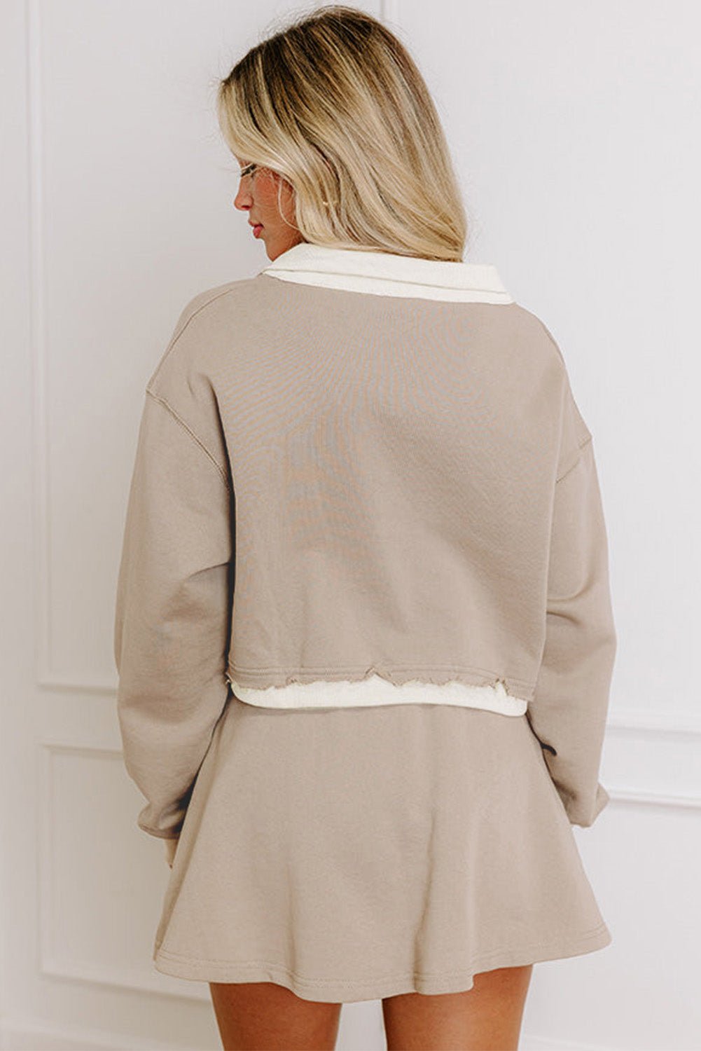 Parchment Raw Edge Detail Patchwork Cropped Pullover Drawstring Skirt Set - MAD RUFFI