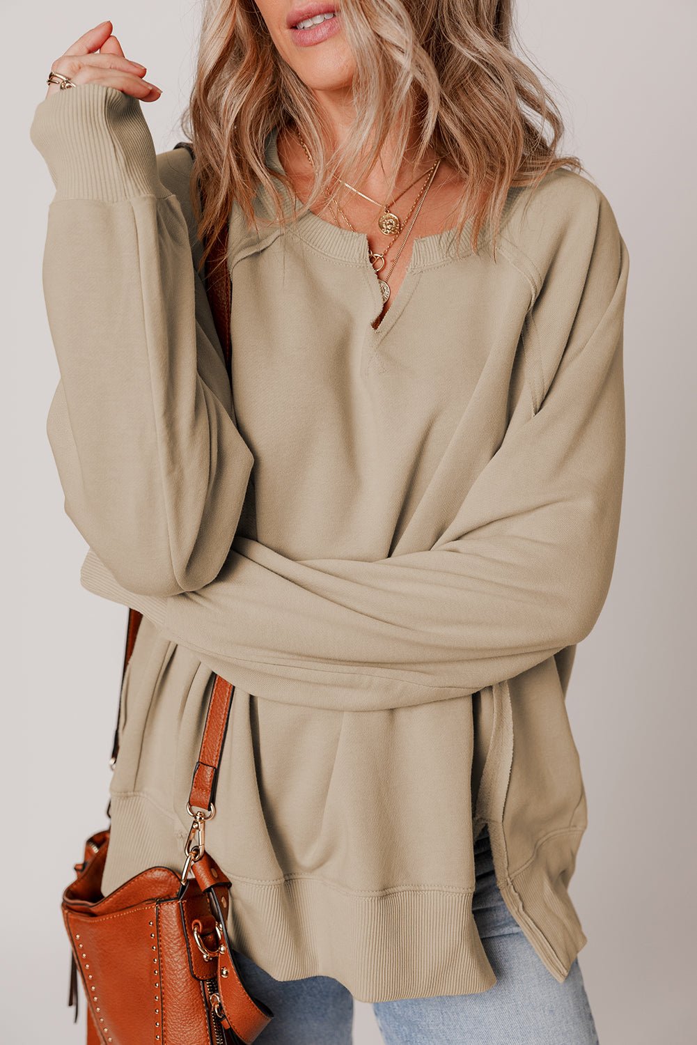 Parchment Raw Edge Exposed Seam Raglan Sleeve Side Slit Sweatshirt - MAD RUFFI