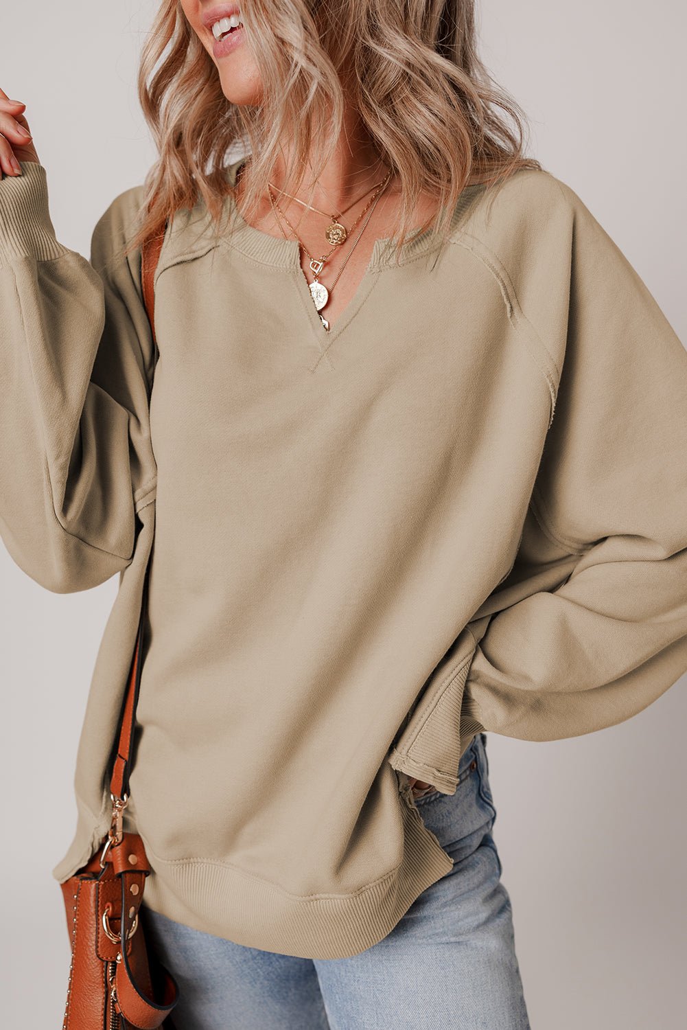 Parchment Raw Edge Exposed Seam Raglan Sleeve Side Slit Sweatshirt - MAD RUFFI