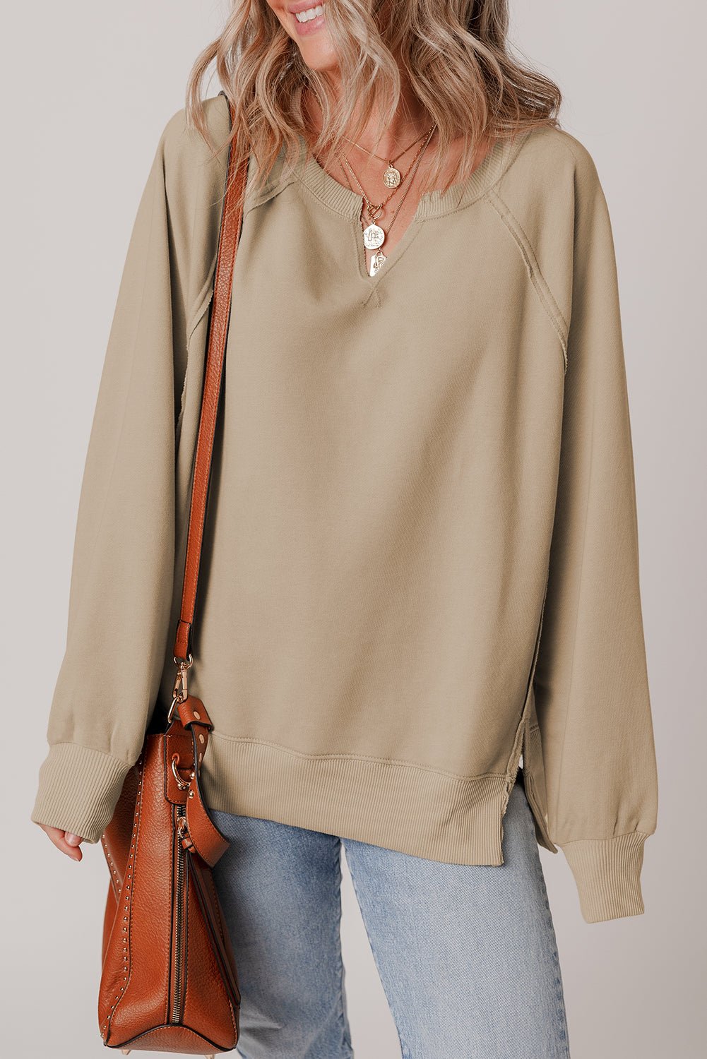 Parchment Raw Edge Exposed Seam Raglan Sleeve Side Slit Sweatshirt - MAD RUFFI