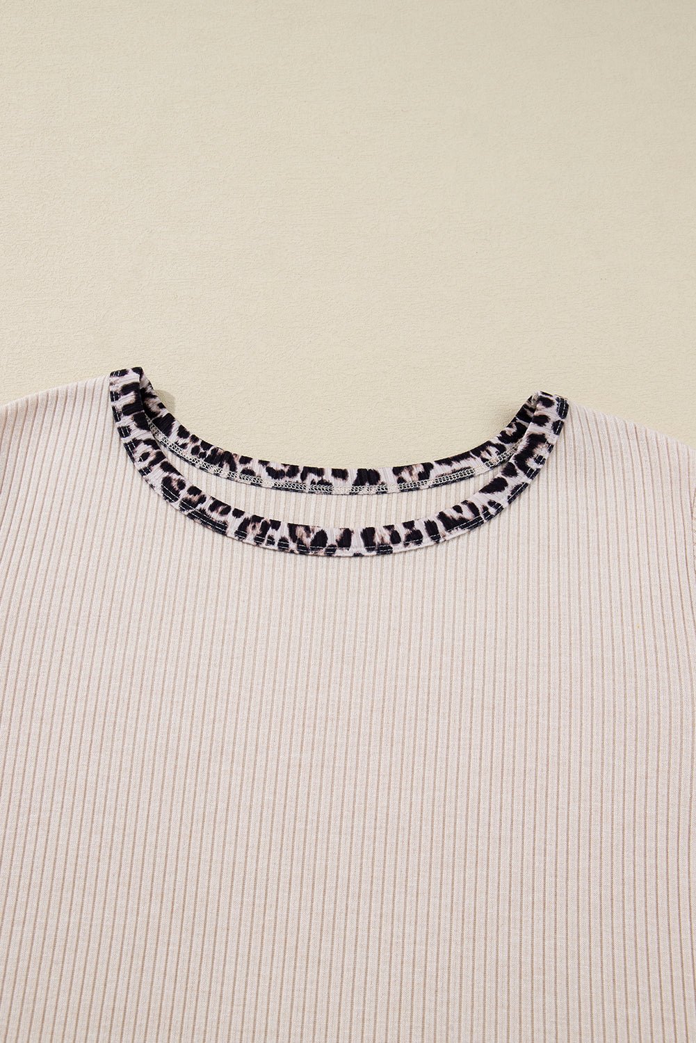 Parchment Ribbed Contrast Leopard Edge Round Neck Plus Size Top - MAD RUFFI