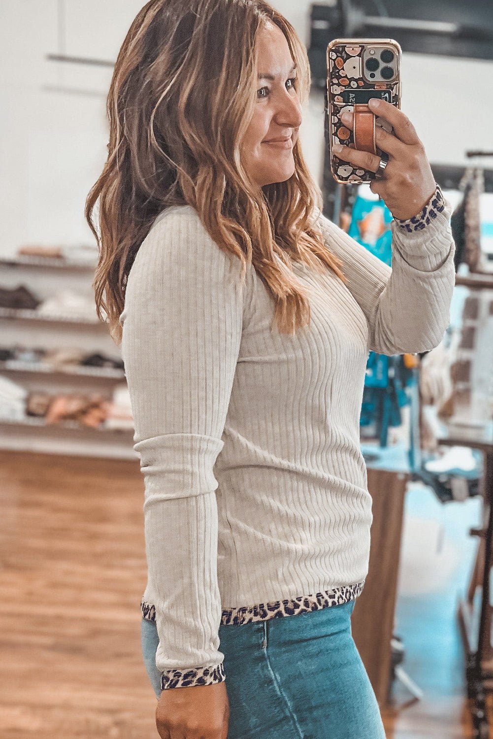 Parchment Ribbed Contrast Leopard Edge Round Neck Plus Size Top - MAD RUFFI