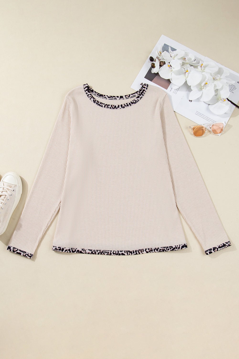 Parchment Ribbed Contrast Leopard Edge Round Neck Plus Size Top - MAD RUFFI