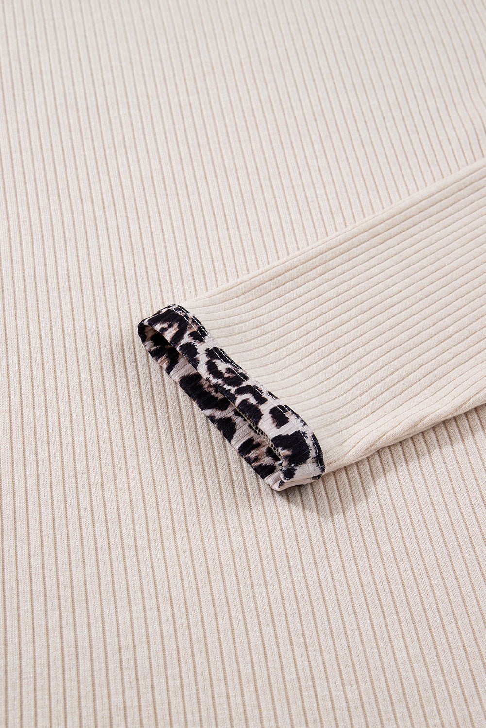 Parchment Ribbed Contrast Leopard Edge Round Neck Plus Size Top - MAD RUFFI