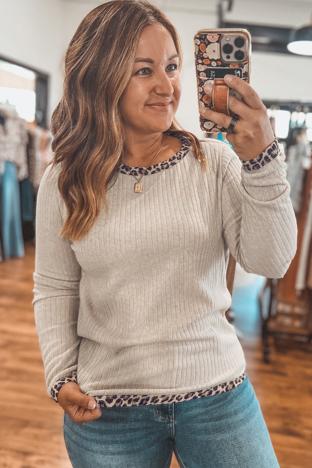 Parchment Ribbed Contrast Leopard Edge Round Neck Plus Size Top - MAD RUFFI