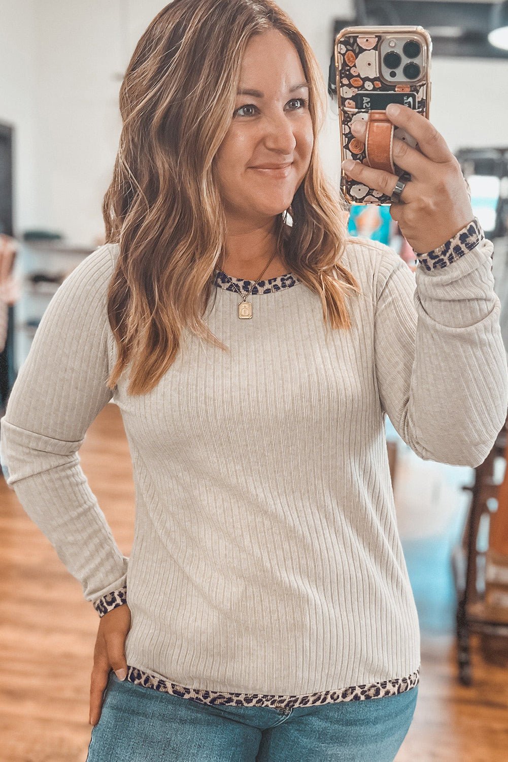Parchment Ribbed Contrast Leopard Edge Round Neck Plus Size Top - MAD RUFFI