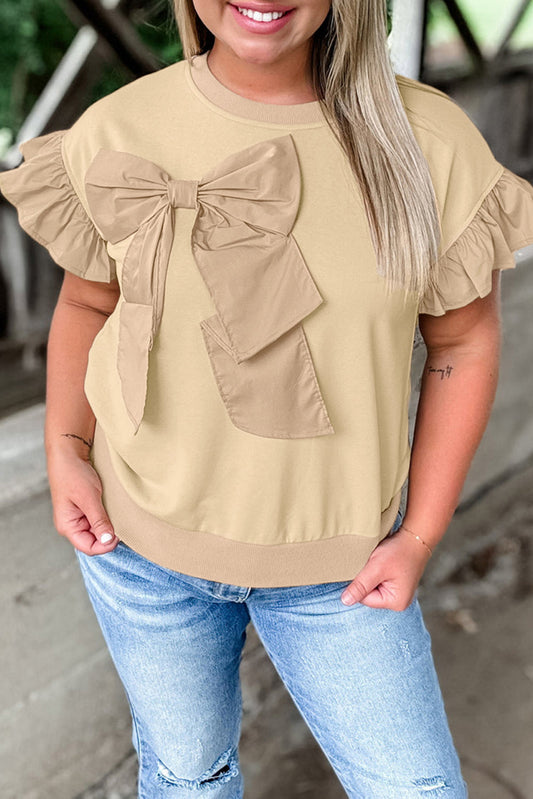 Parchment Ruffle Short Sleeve Bowknot Applique Plus Size Top - MAD RUFFI