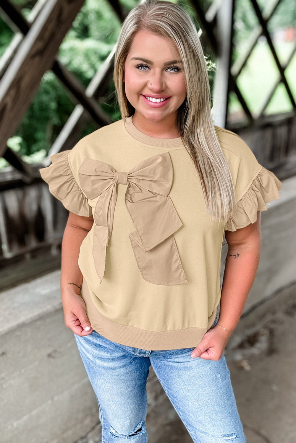 Parchment Ruffle Short Sleeve Bowknot Applique Plus Size Top - MAD RUFFI