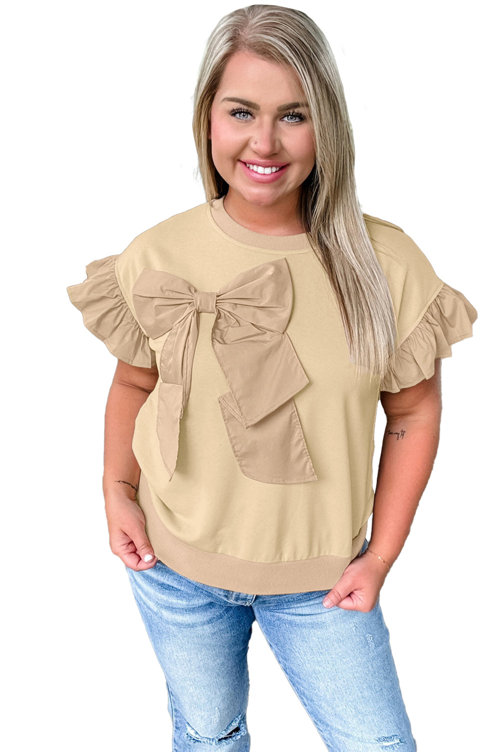 Parchment Ruffle Short Sleeve Bowknot Applique Plus Size Top - MAD RUFFI