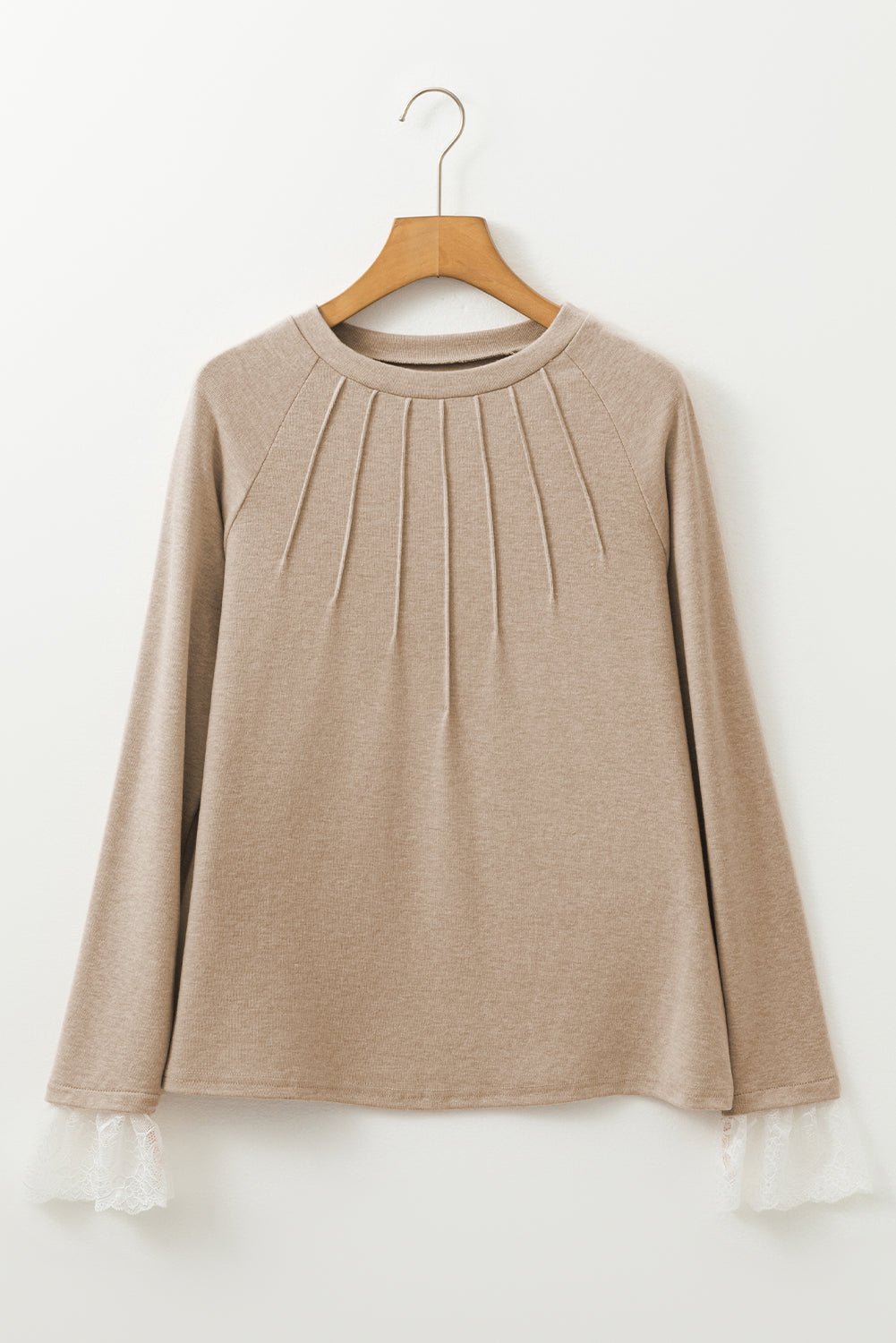 Parchment Seam Detail Lace Contrast Cuffs Raglan Sleeve Top - MAD RUFFI