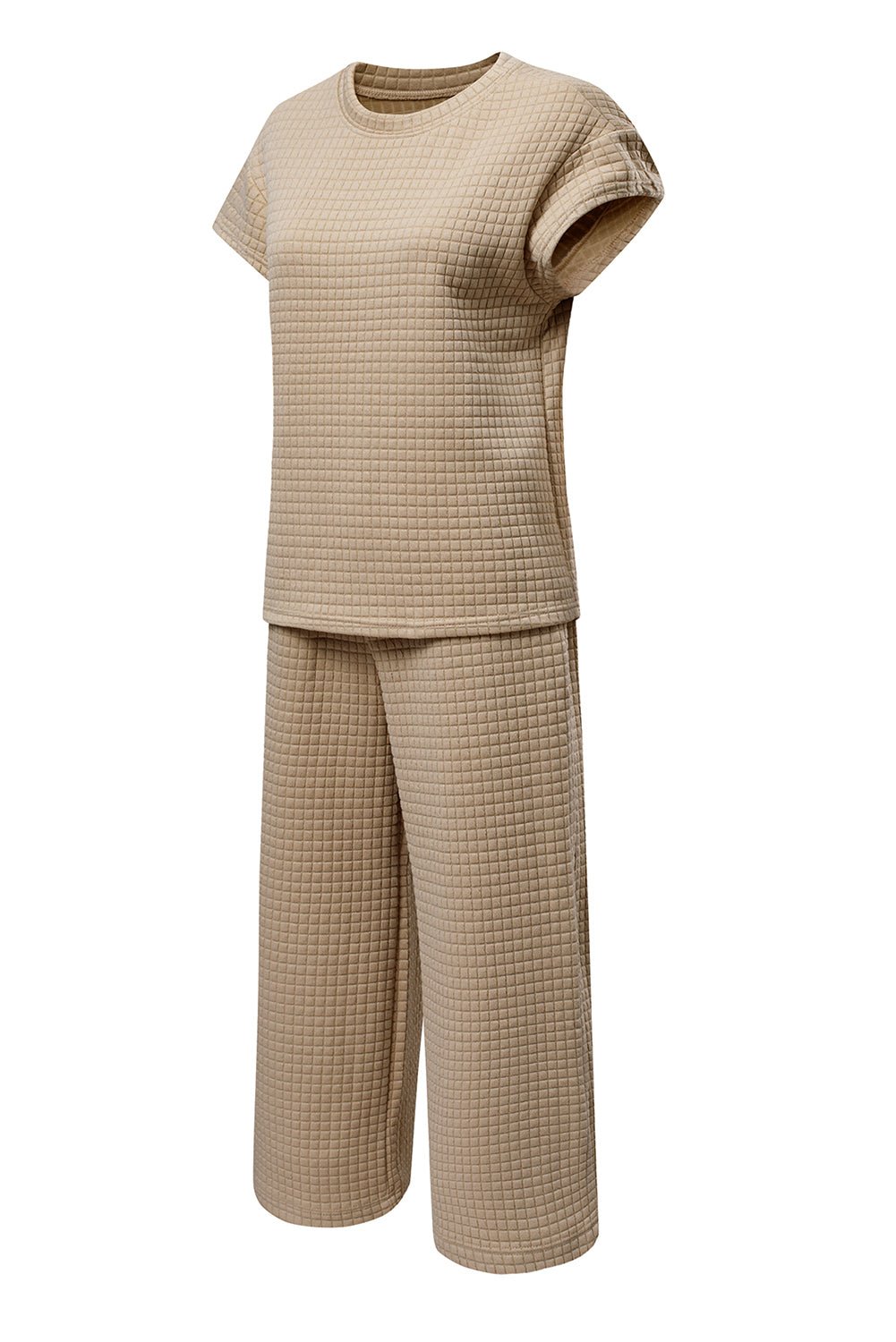 Parchment Solid Color Checkered Textured Short Sleeve Top and Pants Set - MAD RUFFI