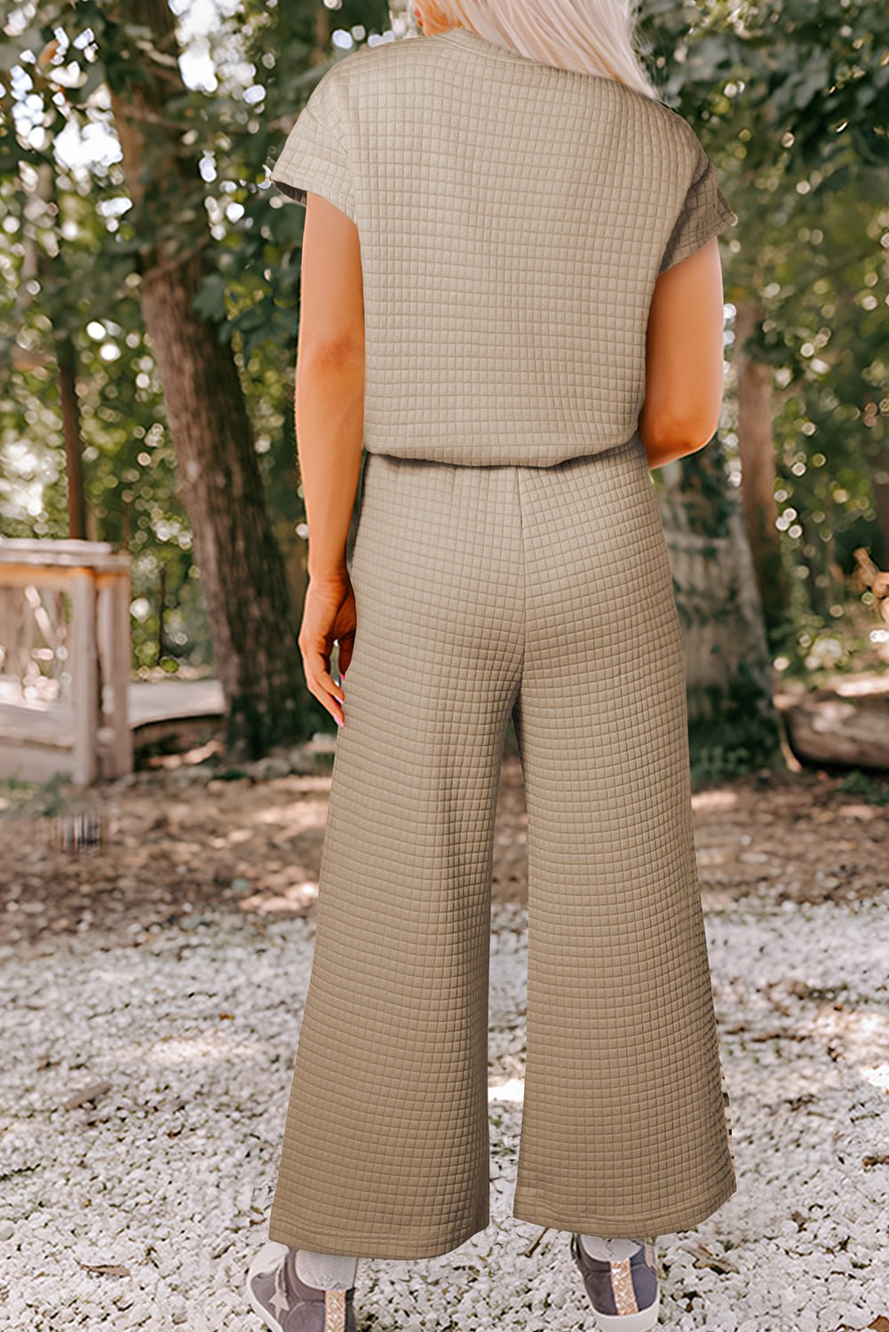 Parchment Solid Color Checkered Textured Short Sleeve Top and Pants Set - MAD RUFFI