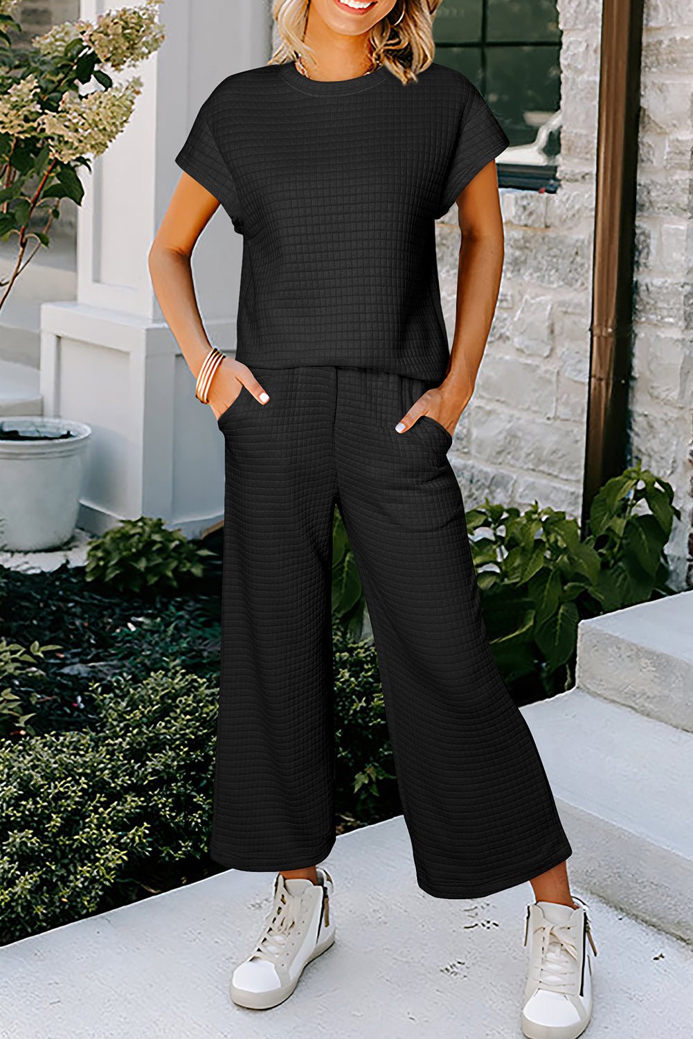 Parchment Solid Color Checkered Textured Short Sleeve Top and Pants Set - MAD RUFFI