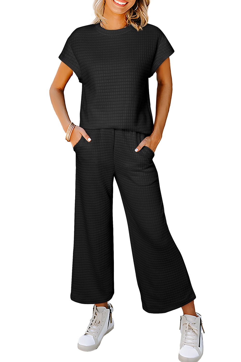 Parchment Solid Color Checkered Textured Short Sleeve Top and Pants Set - MAD RUFFI