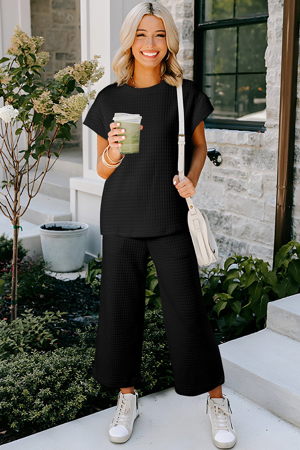 Parchment Solid Color Checkered Textured Short Sleeve Top and Pants Set - MAD RUFFI