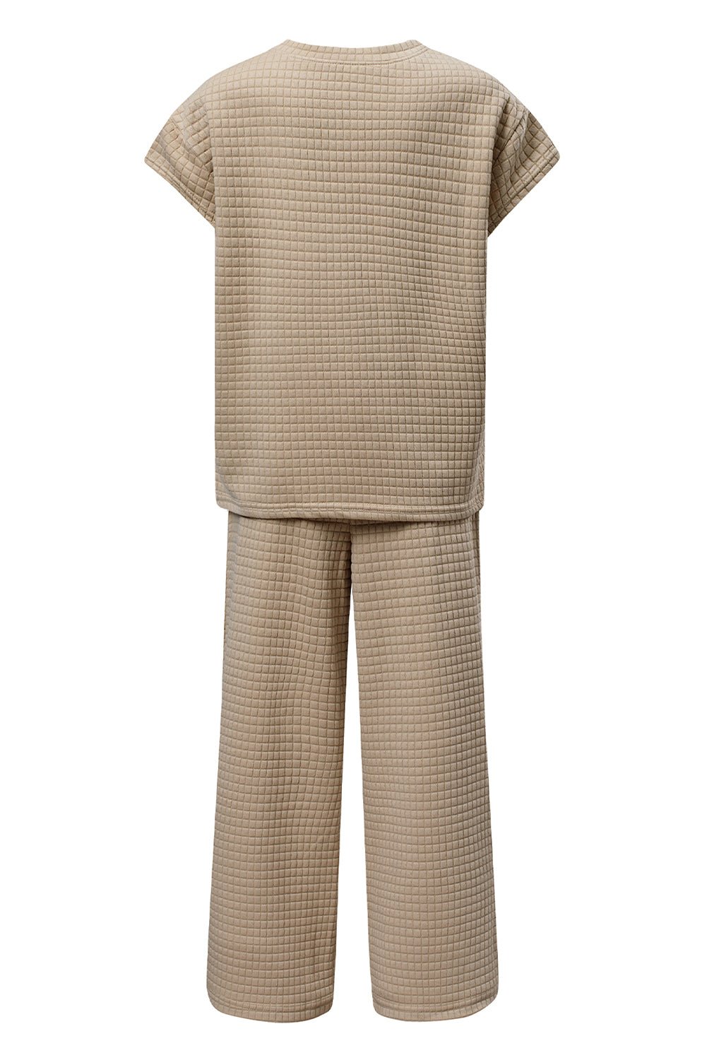 Parchment Solid Color Checkered Textured Short Sleeve Top and Pants Set - MAD RUFFI