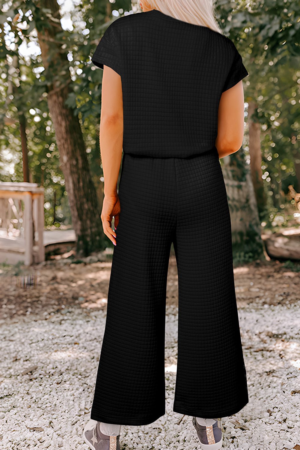 Parchment Solid Color Checkered Textured Short Sleeve Top and Pants Set - MAD RUFFI